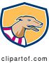 Vector Clip Art of Retro Cartoon Greyhound Dog Wearing a Racing Vest in a Blue White and Yellow Shield by Patrimonio
