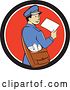 Vector Clip Art of Retro Cartoon Happy Mail Guy Holding an Envelope and Looking Back over His Shoulder in a Black White and Red Circle by Patrimonio