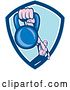 Vector Clip Art of Retro Cartoon Male Bodybuilder Working out with a Kettlebell in a Blue and White Shield by Patrimonio