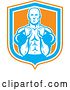 Vector Clip Art of Retro Cartoon Male Bodybuilder Working out with Kettlebells in an Orange White and Blue Shield by Patrimonio