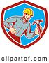 Vector Clip Art of Retro Cartoon Male Builder Shouting and Holding a Hammer in a Red White and Blue Shield by Patrimonio