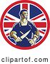 Vector Clip Art of Retro Cartoon Male Butcher Sharpening a Knife in a Union Jack Flag Circle by Patrimonio