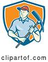 Vector Clip Art of Retro Cartoon Male Construction Worker Holding a Pickaxe in a Blue White and Orange Shield by Patrimonio