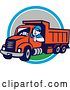 Vector Clip Art of Retro Cartoon Male Dump Truck Driver Giving a Thumb up over a Blue White and Gray Circle by Patrimonio