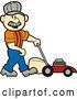 Vector Clip Art of Retro Cartoon Male White Handyman with a Lawn Mower by Andy Nortnik