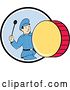 Vector Clip Art of Retro Cartoon Marching Band Drummer Guy Emerging from a Black White and Blue Circle by Patrimonio