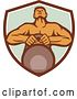 Vector Clip Art of Retro Cartoon Muscular Male Bodybuilder Athlete Lifting a Kettlebell in a Shield by Patrimonio