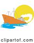 Vector Clip Art of Retro Cartoon Orange Cargo Ship Against the Sun by Patrimonio