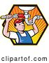 Vector Clip Art of Retro Cartoon Plumber Working on a Sink Pipe in a Hexagon of Rays by Patrimonio