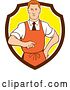 Vector Clip Art of Retro Cartoon Red Haired White Male Chef Wearing an Apron and Pointing in a Brown White and Yellow Shield by Patrimonio
