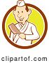 Vector Clip Art of Retro Cartoon Styled Japanese Butcher Guy Holding a Cleaver Knife in a Brown White and Yellow Circle by Patrimonio