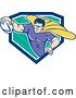 Vector Clip Art of Retro Cartoon Super Hero Flying with a Rugby Ball and Emerging from a Blue White and Turquoise Ray Shield by Patrimonio
