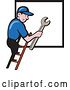 Vector Clip Art of Retro Cartoon White Handy Guy Holding a Spanner Wrench and Climbing a Ladder to a Window or Sign by Patrimonio