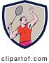 Vector Clip Art of Retro Cartoon White Male Badminton Player with a Racket in a Navy Blue White and Tan Shield by Patrimonio