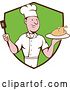Vector Clip Art of Retro Cartoon White Male Chef Holding a Spatula and Serving a Roasted Chicken in a Black and Green Shield by Patrimonio