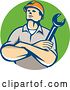 Vector Clip Art of Retro Cartoon White Male Construction or Builder Worker with Folded Arms and a Wrench in a Green Circle by Patrimonio