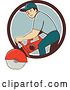 Vector Clip Art of Retro Cartoon White Male Construction Worker Using a Concrete Cutter Tool in a Brown White and Blue Circle by Patrimonio