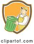 Vector Clip Art of Retro Cartoon White Male Garbage Guy Carrying a Bin in an Orange Brown and White Shield by Patrimonio