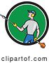 Vector Clip Art of Retro Cartoon White Male Gardener Holding a Hedge Trimmer, Emerging from a Black White and Green Circle by Patrimonio