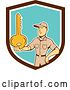 Vector Clip Art of Retro Cartoon White Male Locksmith Holding out a Giant Gold Key in a Brown White and Turquoise Shield by Patrimonio