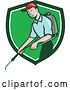 Vector Clip Art of Retro Cartoon White Male Pest Control Exterminator Spraying in a Green and White Shield by Patrimonio