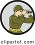 Vector Clip Art of Retro Cartoon World War One American Soldier Looking Through the Binoculars in a Black and Gray Circle by Patrimonio