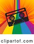 Vector Clip Art of Retro Cassette Tape over a Rainbow Curve on Orange Rays by Elaineitalia
