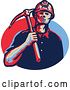 Vector Clip Art of Retro Coal Miner with a Hard Hat and Pick Axe over a Blue and Red Oval by Patrimonio