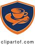 Vector Clip Art of Retro Coffee Cup, Spoon and Saucer in an Orange Blue and Tan Shield by Patrimonio