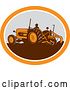 Vector Clip Art of Retro Farmer Operating a Plowing Tractor in an Orange and Gray Oval by Patrimonio