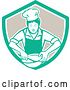 Vector Clip Art of Retro Female Chef Mixing Ingredients in a Bowl Inside a Green White and Taupe Shield by Patrimonio