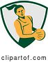 Vector Clip Art of Retro Female Netball Player Emerging from a Green White and Gray Shield by Patrimonio