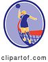 Vector Clip Art of Retro Female Volleyball Player Jumping and Spiking the Ball in a Blue Purple and White Oval by Patrimonio