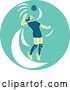 Vector Clip Art of Retro Female Volleyball Player Jumping and Spiking the Ball in a Turquoise Oval by Patrimonio