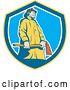 Vector Clip Art of Retro Firefighter Holding an Axe in a Yellow Blue and White Shield by Patrimonio