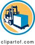 Vector Clip Art of Retro Forklift Moving a Box in a Blue White and Yellow Circle by Patrimonio