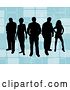 Vector Clip Art of Retro Group of Five Black Silhouetted People Standing over a Blue Background with Rectangle Designs by KJ Pargeter
