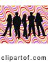 Vector Clip Art of Retro Group of Five Black Silhouetted People Standing over a Colorful Wavy Background by KJ Pargeter