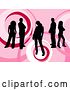 Vector Clip Art of Retro Group of Five Black Silhouetted People Standing over a Pink Background with Circle Designs by KJ Pargeter