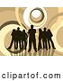 Vector Clip Art of Retro Group of Five Dark Brown Silhouetted People Standing over a Brown and White Background with Circles by KJ Pargeter