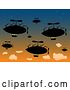 Vector Clip Art of Retro Group of Silhouetted Air Ships in a Sunset Sky by