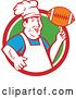 Vector Clip Art of Retro Happy Chubby Male Chef Spinning a Football on His Finger in a Red White and Green Circle by Patrimonio
