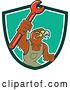 Vector Clip Art of Retro Hawk Mechanic Guy Wearing Overalls and Holding up a Spanner Wrench in a Green White and Turquoise Shield by Patrimonio