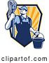Vector Clip Art of Retro Janitor Guy with a Mop and Bucket Emerging Form a Shield of Rays by Patrimonio