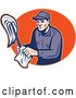 Vector Clip Art of Retro Janitor Holding a Mop and Cloth over an Orange Oval by Patrimonio