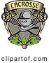 Vector Clip Art of Retro Knight Helmet over Crossed Lacrosse Sticks and a Woodcut Banner Shield with Leaves and a Ball by Patrimonio