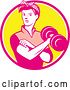 Vector Clip Art of Retro Lady, Rosie the Riveter, Rolling up a Sleeve and Working Out, Doing Bicep Curls with a Dumbbell in a Pink White and Yellow Circle by Patrimonio