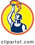 Vector Clip Art of Retro Male Athlete Holding up a Torch in an Orange White and Yellow Circle by Patrimonio