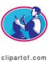 Vector Clip Art of Retro Male Barber Cutting a Client's Hair with Clippers in a Pink White and Blue Oval by Patrimonio