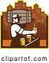 Vector Clip Art of Retro Male Bartender Pouring Different Types of Beer from a Keg Against a City Skyline by Patrimonio
